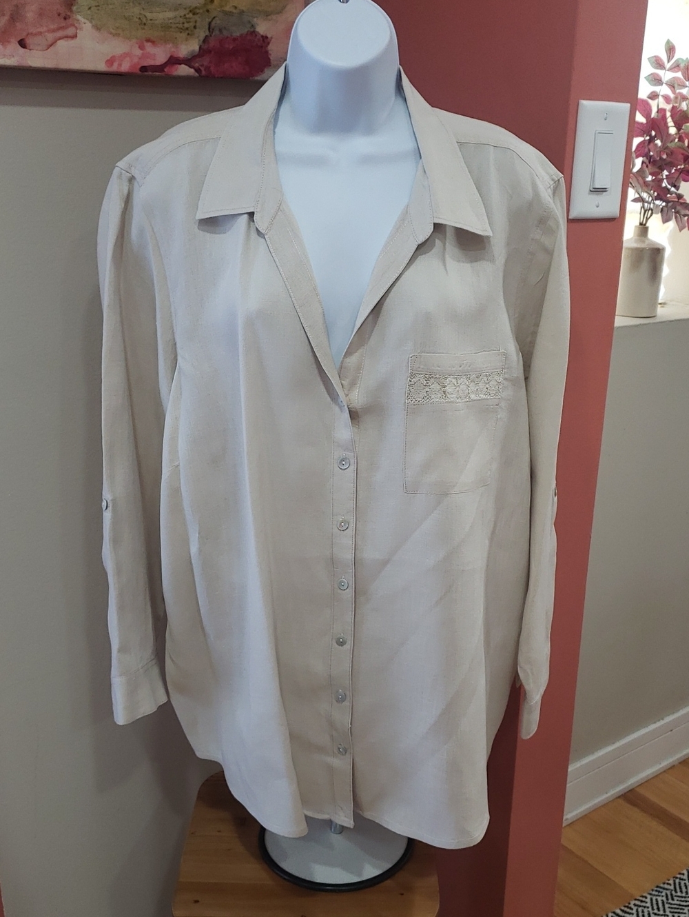 Joie 100% Linen Cream Women's  Button-Front Shirt with Lace Trim Pocket, 3X